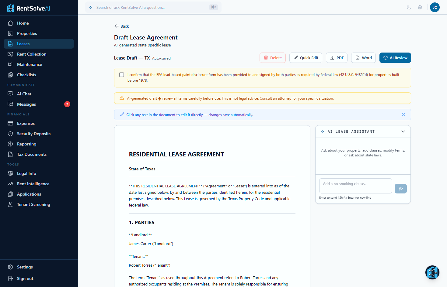 AI lease draft editor